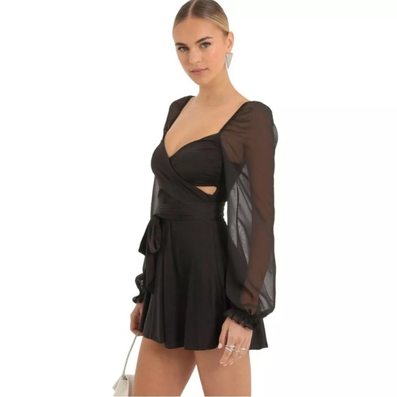 Lucy In The Sky Dress Women's Size Large Black Puff Chiffon Wrap A-Line Mini - Picture 6 of 13